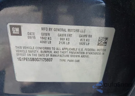 2016 Chevrolet Cruze Limited Lt из США, поврежденный, VIN 1G1PE5SB0G7175807